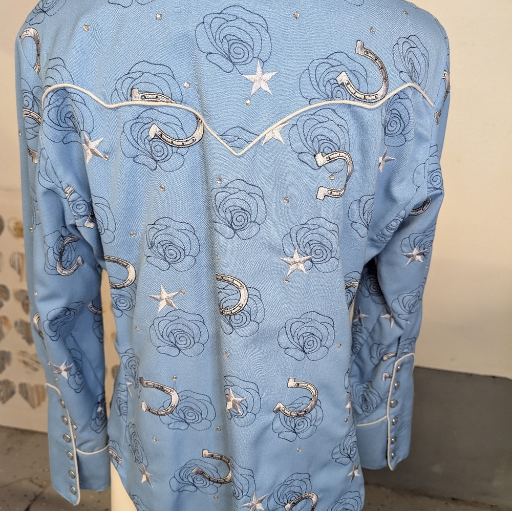 Scully Western-Style Snap Button-Up Shirt Piping Horseshoes Roses Rhinestone SzM - Picture 4 of 7